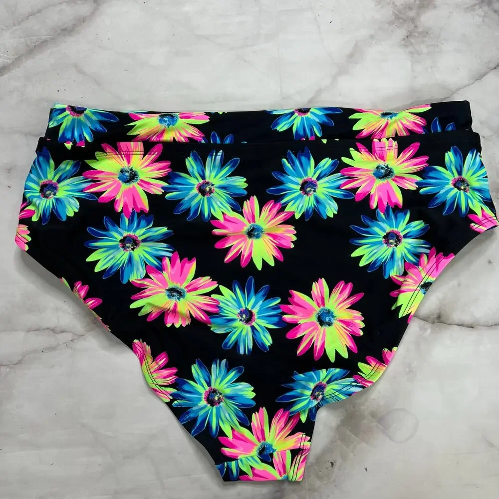 California Waves Gerber Daisy High Wasit Banded Bikini Bottoms Plus Sz 1 (16/18)